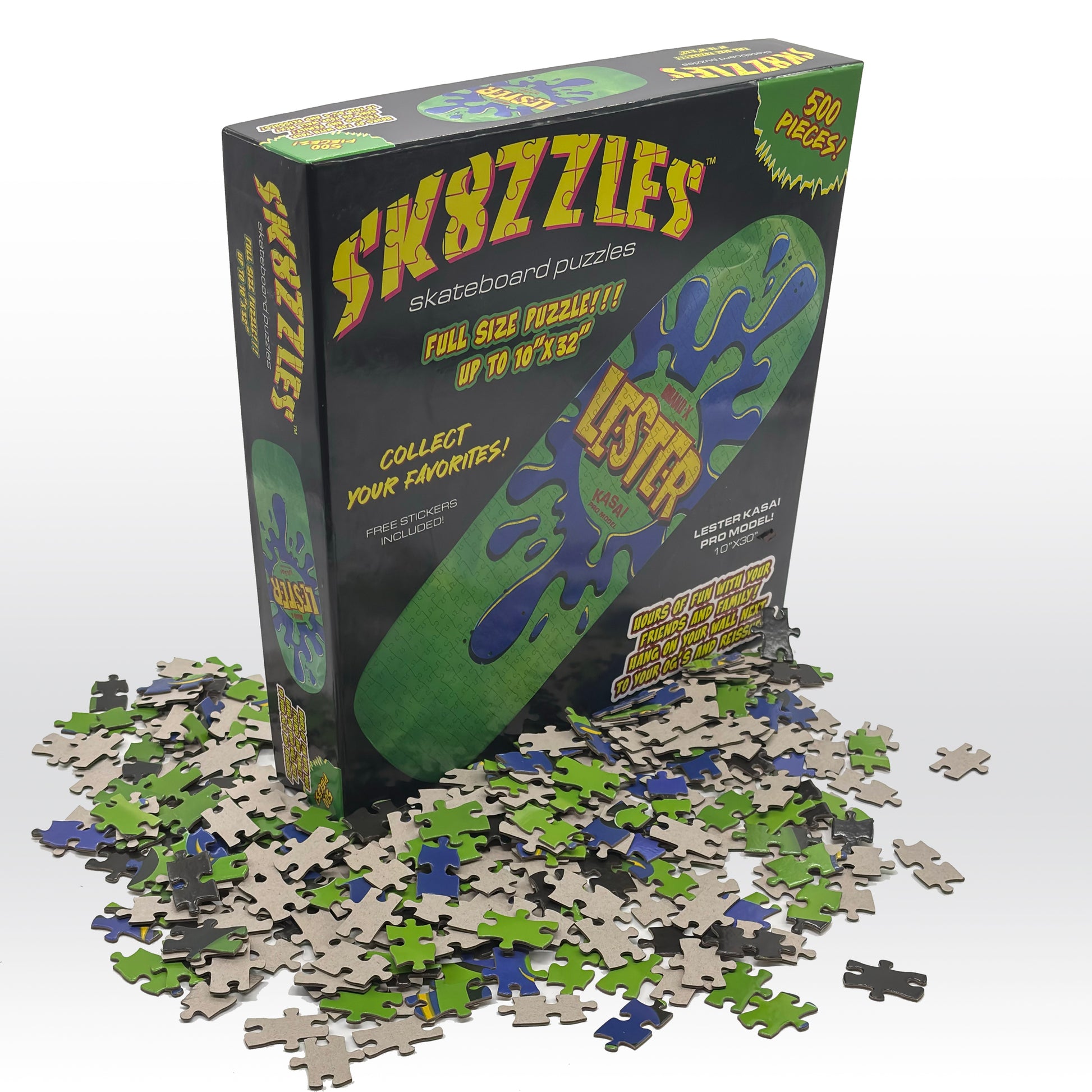 The Lester Green Sk8zzle Skateboard puzzle is a 12"x34" full-sized puzzle of the legendary Lester Splat Graphic.