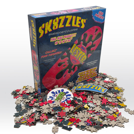 The Lester Pink Sk8zzle Skateboard puzzle is a 12"x34" full-sized puzzle of the legendary Lester Splat Graphic.