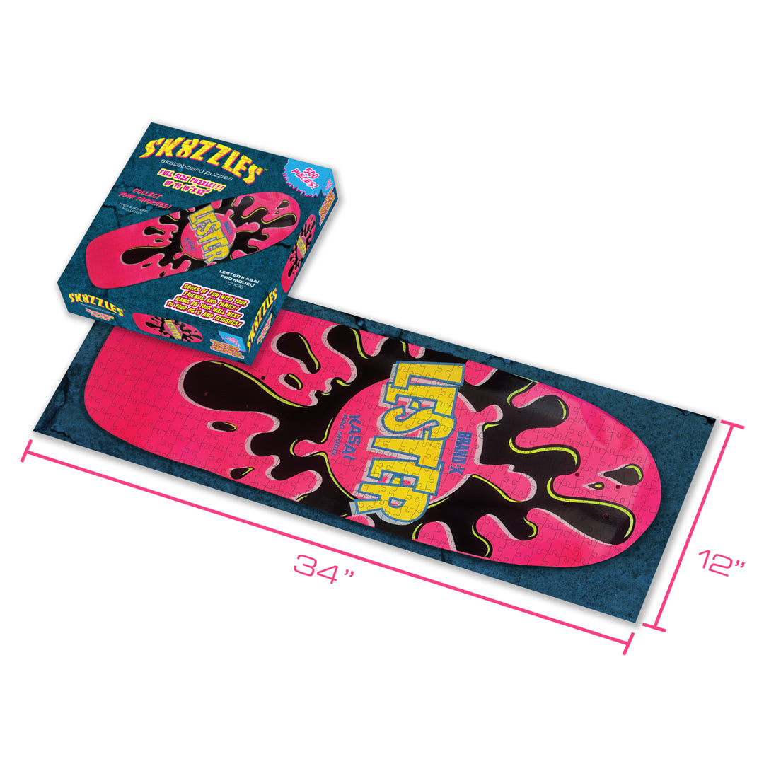 The Lester Green Sk8zzle Skateboard puzzle is a 12"x34" full-sized puzzle of the legendary Lester Splat Graphic.