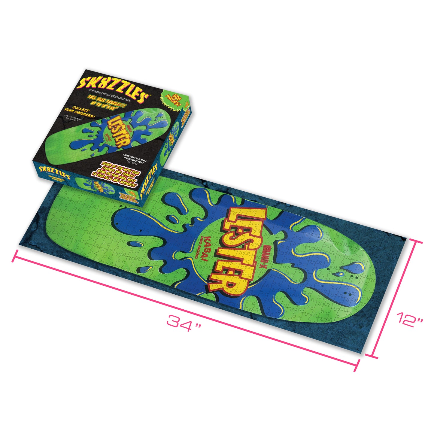 picture of a 12x12 jigsaw puzzle box with the Brand-X Lester Green and blue skateboard graphic at 10"x30". Sk8zzles Log, 500 pieces!, Collect your favorite skateboard puzzles