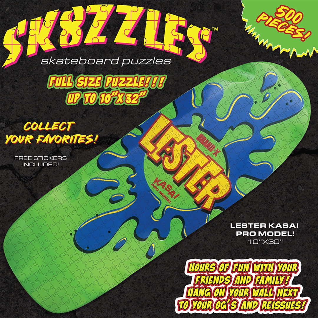 picture of a 12x12 jigsaw puzzle box with the Brand-X Lester Green and blue skateboard graphic at 10"x30". Sk8zzles Log, 500 pieces!, Collect your favorites. Hours of Fun with your friends and family! Hang on your wall next to your OG's and Reissues!