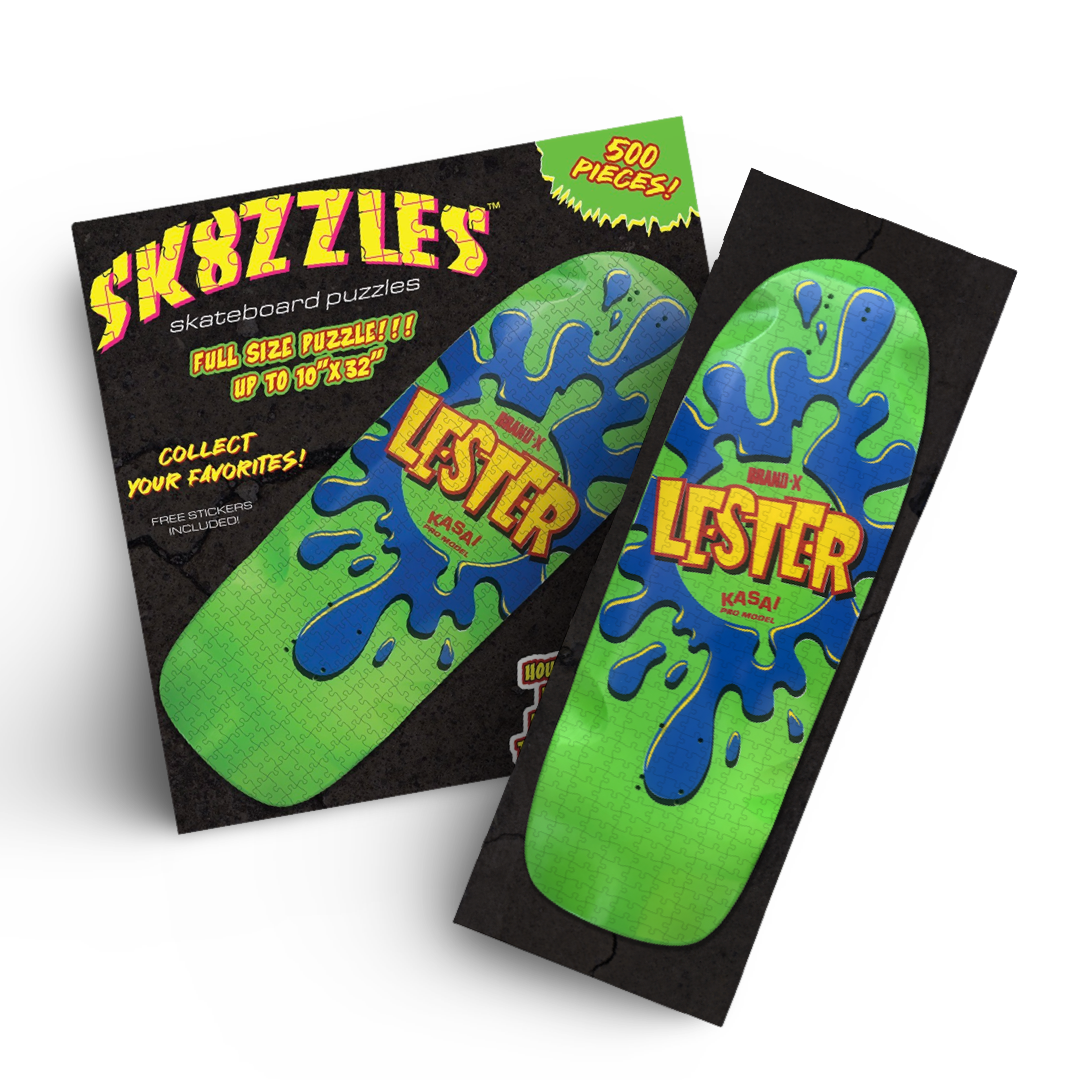 The Lester Green Sk8zzle Skateboard puzzle is a 12"x34" full-sized puzzle of the legendary Lester Splat Graphic.