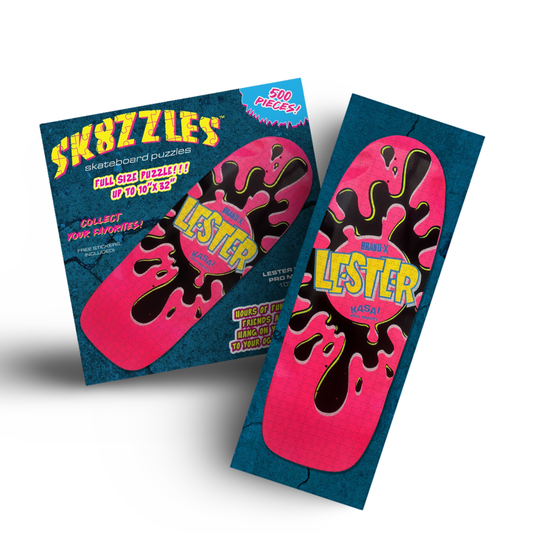 The Lester Green Sk8zzle Skateboard puzzle is a 12"x34" full-sized puzzle of the legendary Lester Splat Graphic.