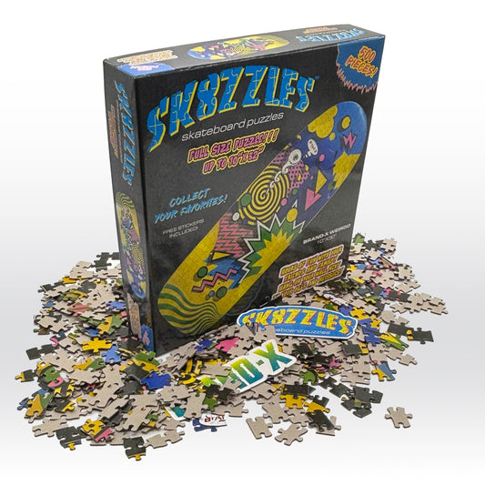 The Brand-X Weirdo Sk8zzle Skateboard puzzle is a 12"x34" full-skateboard sized puzzle.

This puzzle comes in a 12'x12'x2.25" shrink wrapped box with a 500 piece puzzle sealed in a poly bag.