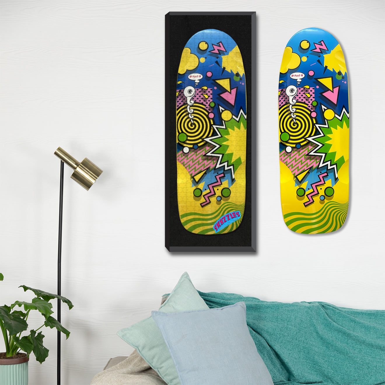 The Brand-X Weirdo skateboard graphic at 10"x30", 500 pieces hanging on a wall next to a Weirdo skateboard. Great for skateboard collecting.