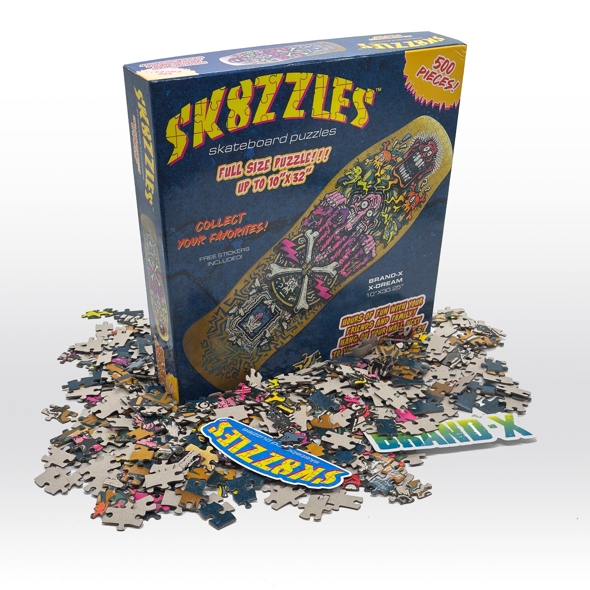 The Brand-X X-Dream Sk8zzle Skateboard puzzle is a 12"x34" full-sized puzzle.

This puzzle comes in a 12'x12'x2.25" shrink wrapped box with a 500 piece puzzle sealed in a poly bag.