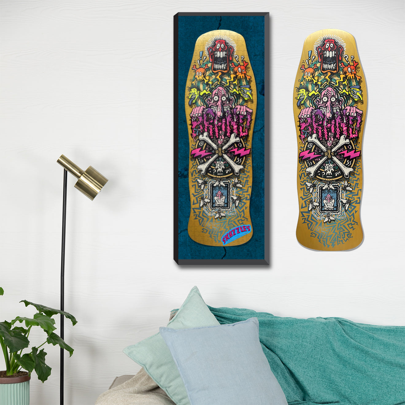 The Brand-X X-Dream skateboard graphic at 10"x30", 500 pieces hanging on a wall next to an X-Dream Skateboard. 