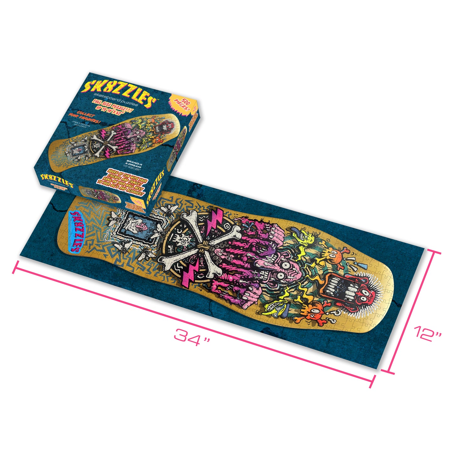 The Brand-X X-Dream Sk8zzle Skateboard puzzle is a 12"x34" full-sized puzzle.

This puzzle comes in a 12'x12'x2.25" shrink wrapped box with a 500 piece puzzle sealed in a poly bag.