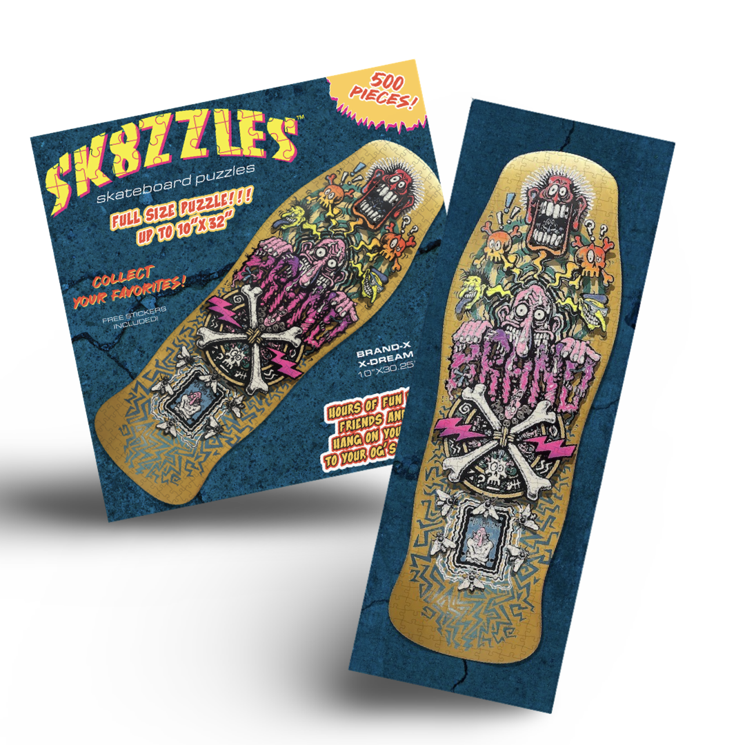 The Brand-X X-Dream Sk8zzle Skateboard puzzle is a 12"x34" full-sized puzzle.

This puzzle comes in a 12'x12'x2.25" shrink wrapped box with a 500 piece puzzle sealed in a poly bag.