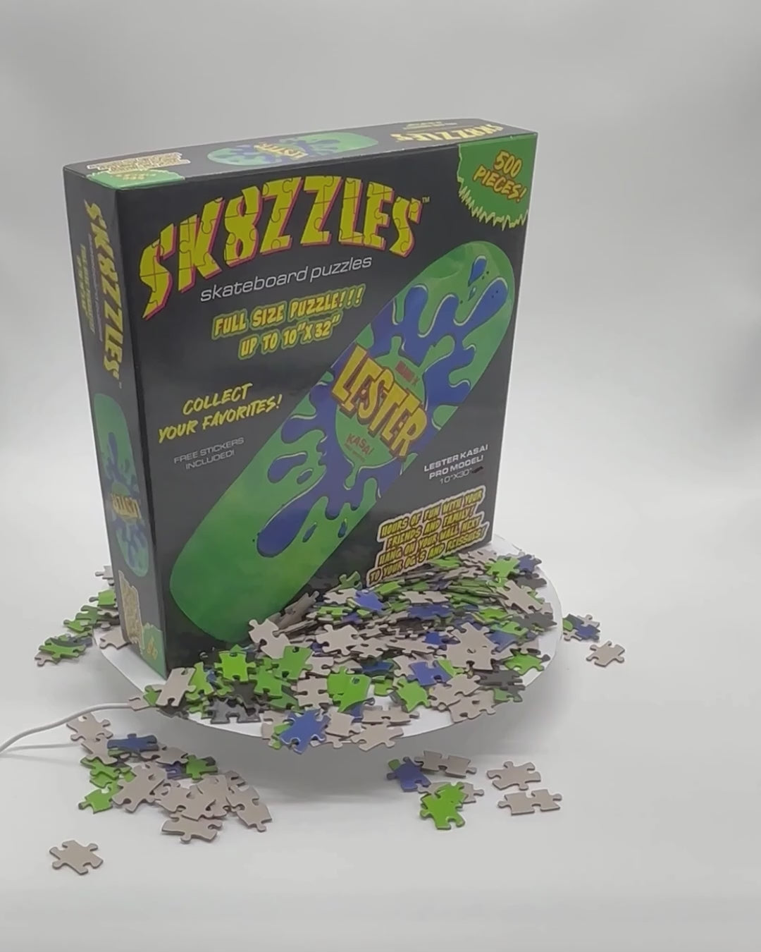A 360 video of The Lester Green Sk8zzle Skateboard puzzle is a 12"x34" full-sized puzzle of the legendary Lester Splat Graphic.
