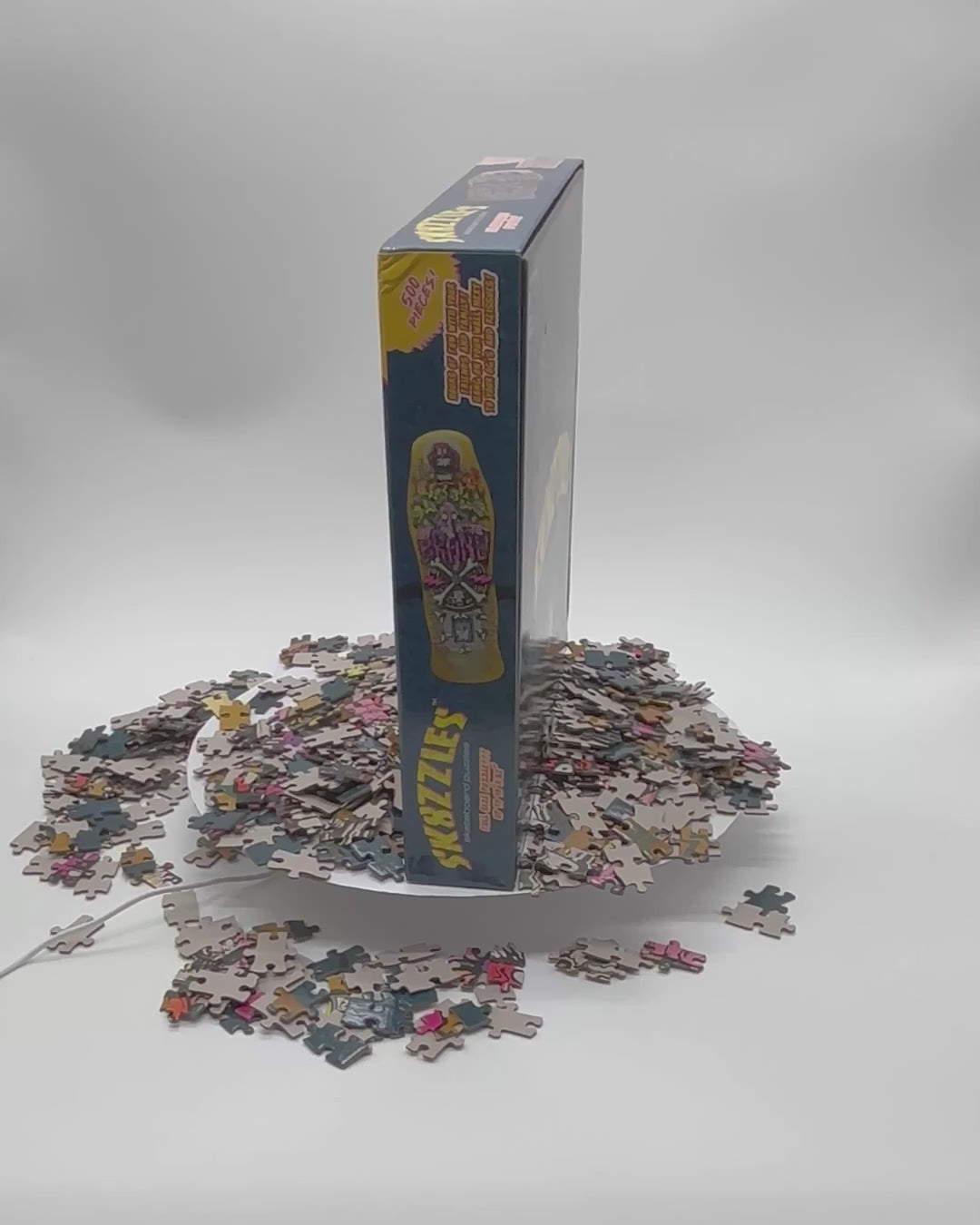 A 360 Video of The Brand-X X-Dream Sk8zzle Skateboard puzzle is a 12"x34" full-sized puzzle.

This puzzle comes in a 12'x12'x2.25" shrink wrapped box with a 500 piece puzzle sealed in a poly bag.