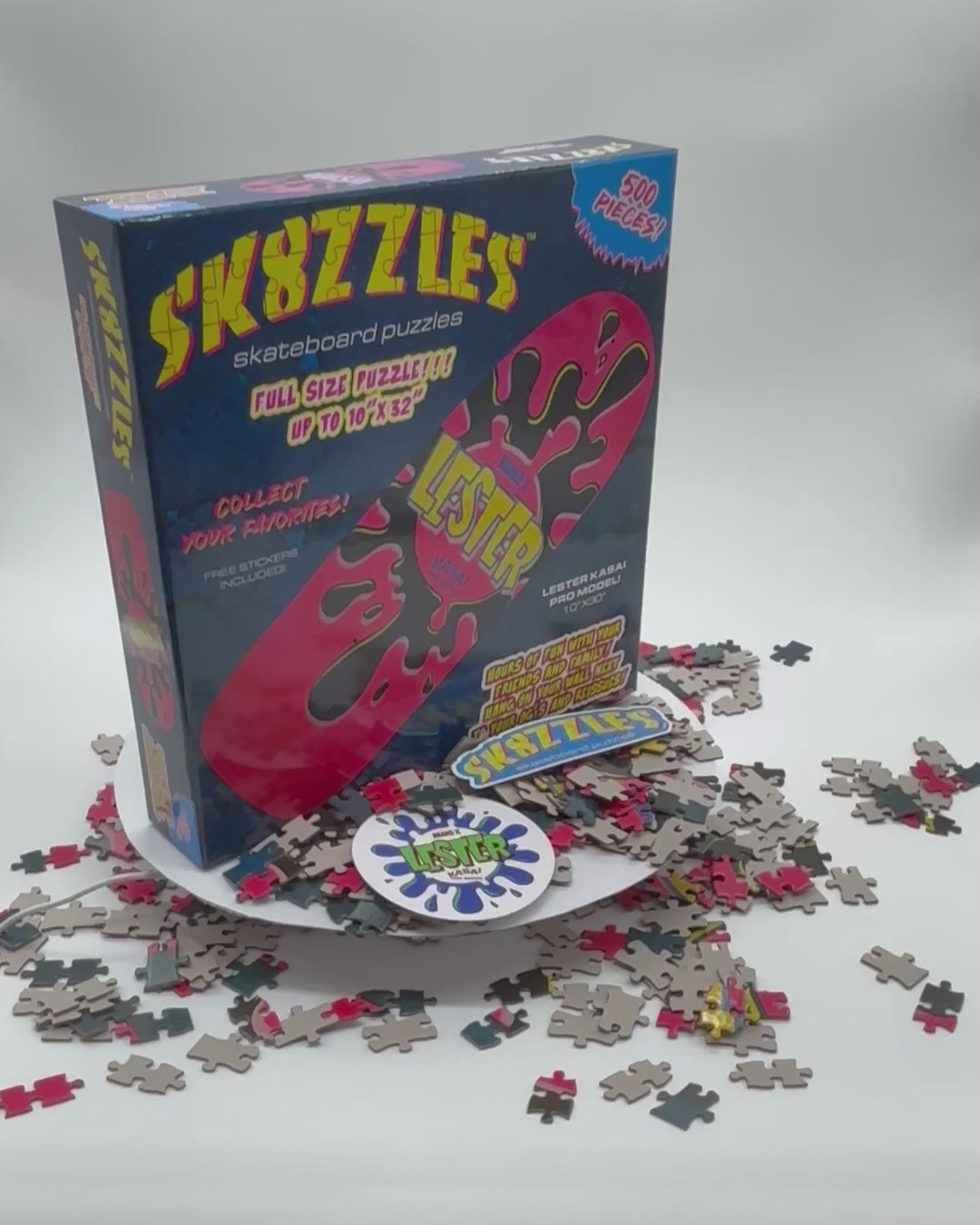 A 360 degree video of The Lester Pink Sk8zzle Skateboard puzzle is a 12"x34" full-sized puzzle of the legendary Lester Splat Graphic.